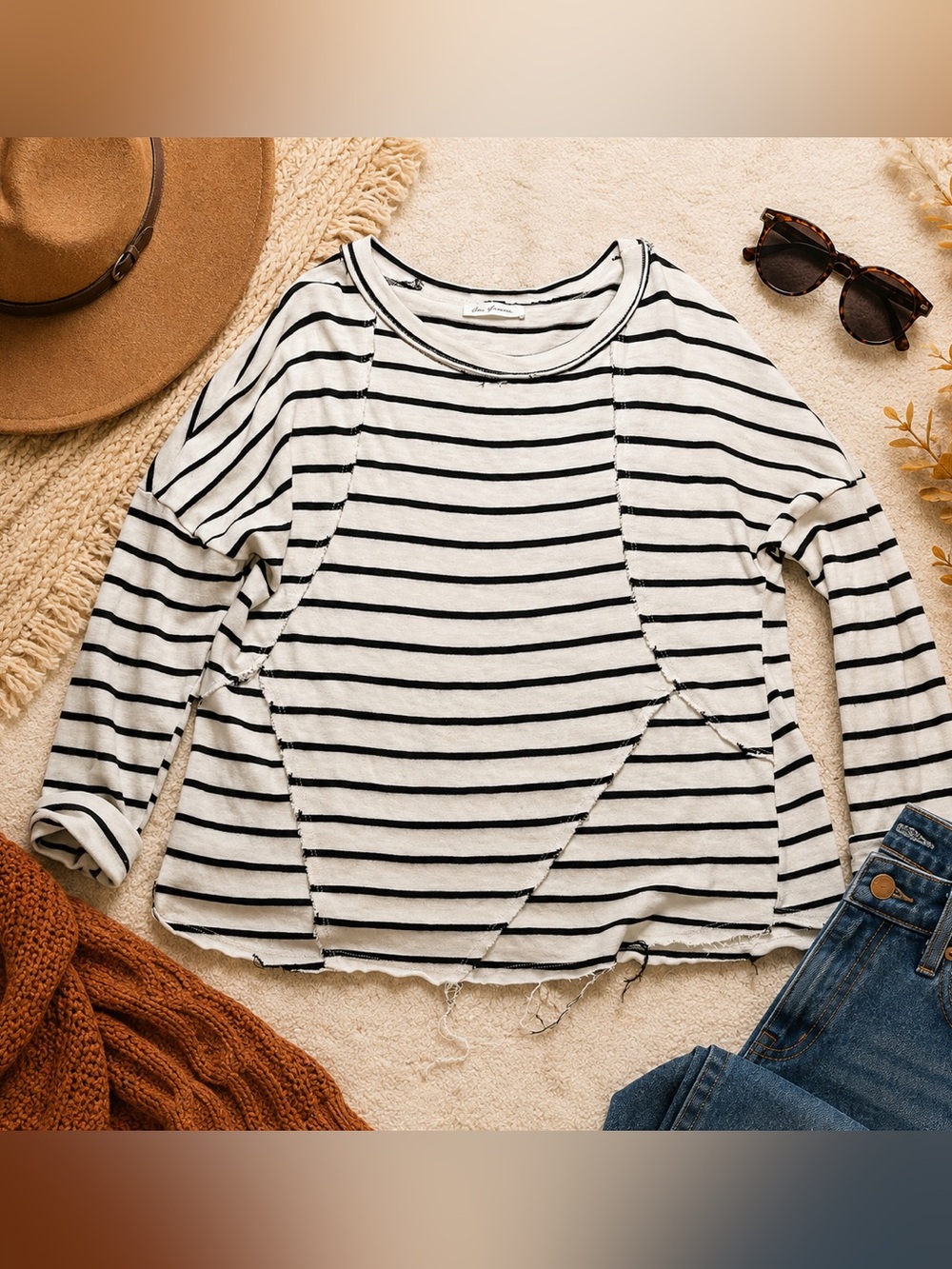 Ces Femme Small Black White Striped Raw Edge Distressed Long Sleeve Top